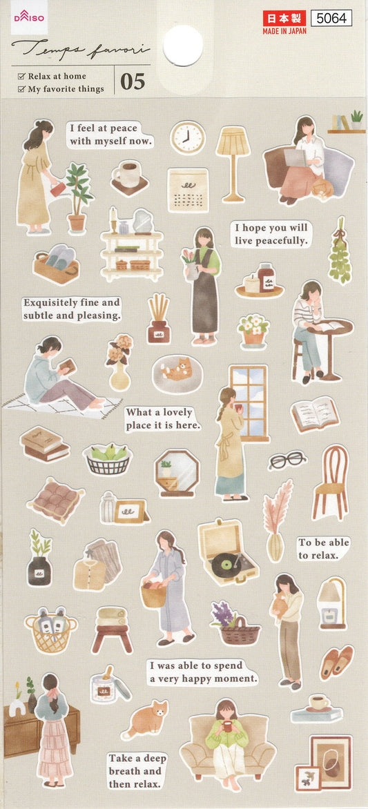 Sticker kawaii giapponesi Stikkoo Temps favori Relax at home con ragazze, oggetti di casa e momenti di relax, adesivi originali made in Japan