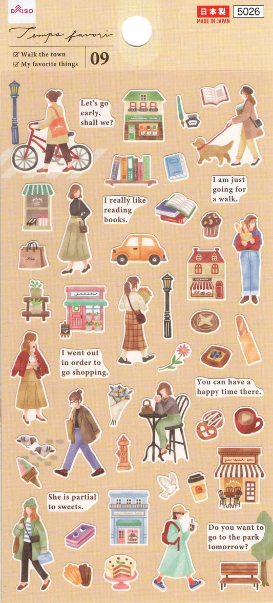 Sticker kawaii giapponesi Stikkoo Temps favori Walk the town con ragazze in città, passeggiate, negozi e dolci, adesivi originali made in Japan