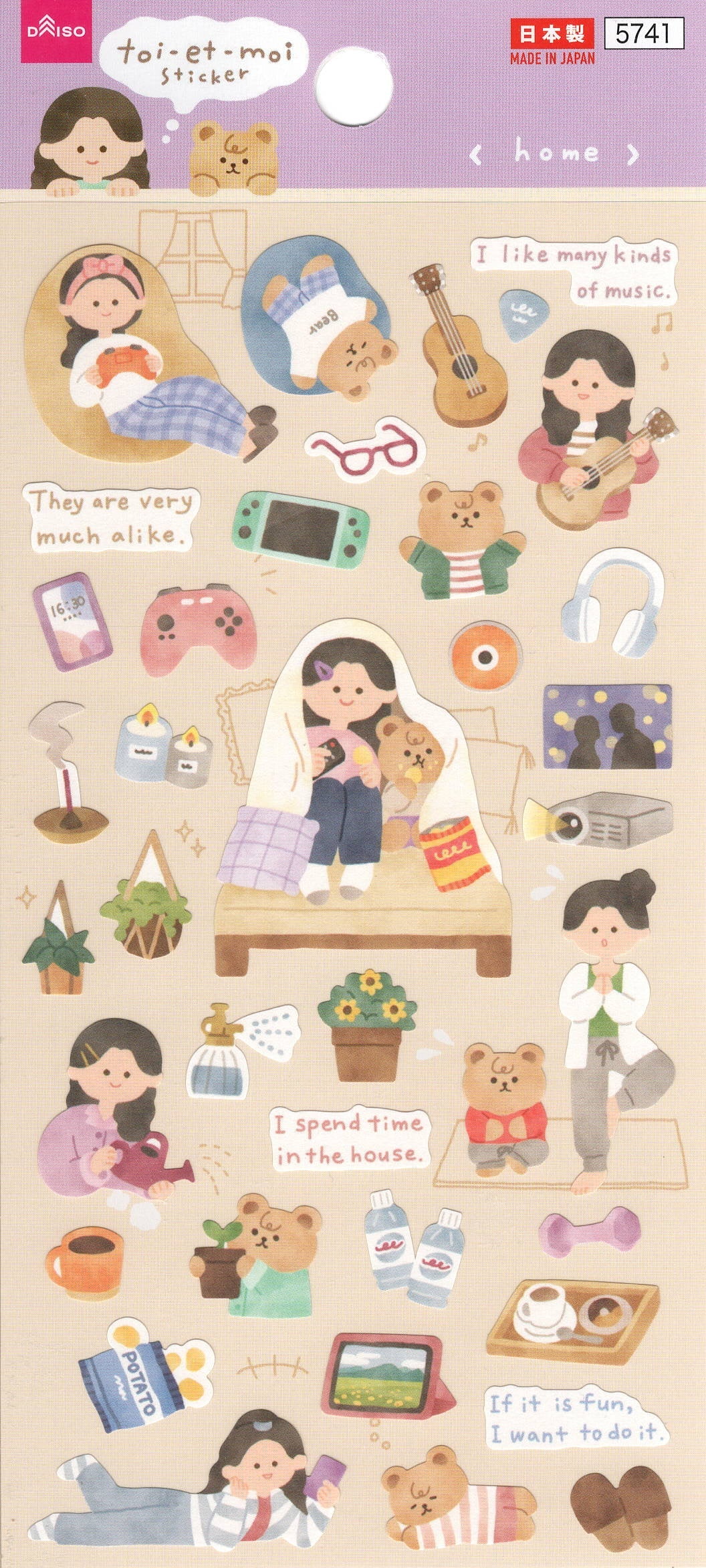 Sticker kawaii giapponesi Stikkoo Toi et Moi Home con bambini, orsetti e momenti di vita domestica, adesivi originali made in Japan