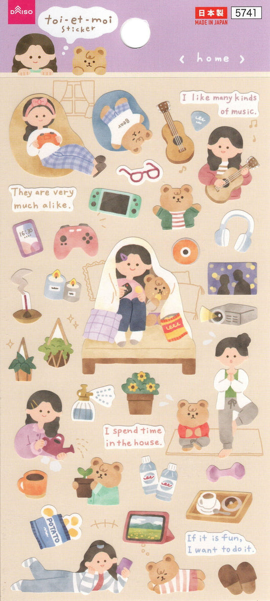 Sticker kawaii giapponesi Stikkoo Toi et Moi Home con bambini, orsetti e momenti di vita domestica, adesivi originali made in Japan