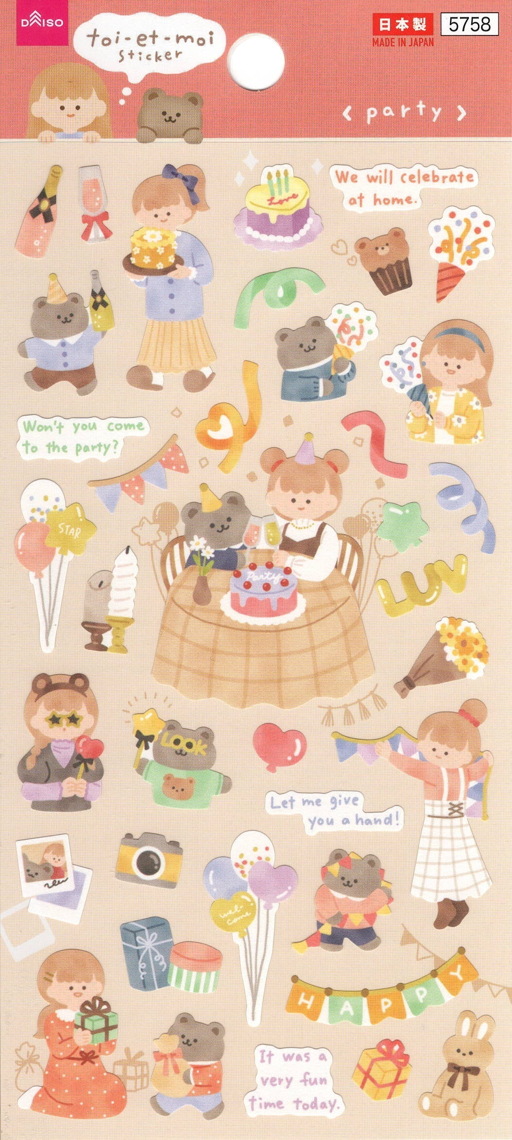 Sticker kawaii giapponesi Stikkoo Toi et Moi Party con feste, regali e dolci, adesivi originali made in Japan
