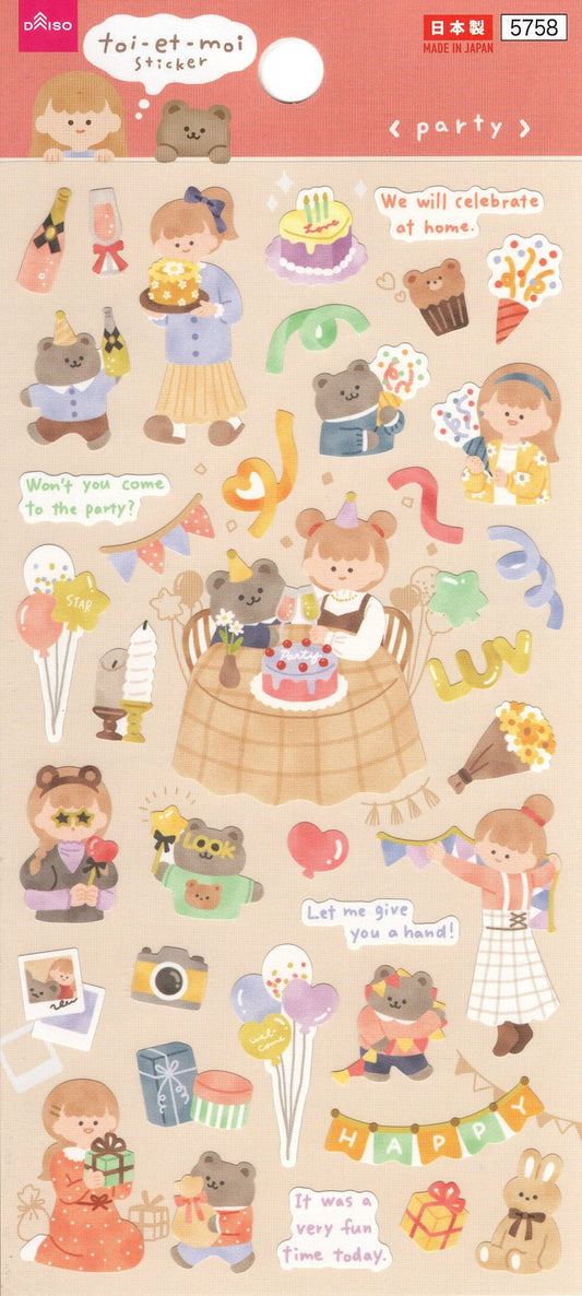 Sticker kawaii giapponesi Stikkoo Toi et Moi Party con feste, regali e dolci, adesivi originali made in Japan